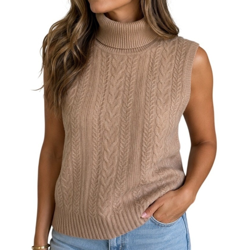 Bloomingdales 100% Cashmere Cable Knit Fisherman Sleeveless Turtleneck Sweater L